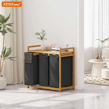 Бамбуковий сортувальник для білизни з 3 відділеннями, 148 літрів, 2 яруси, великий кошик для білизни з знімним мішком, прямокутна коробка для ванної, спальні та пральні, 77.5x41.3x100.5CM, Бежевий (Темно-сірий)
