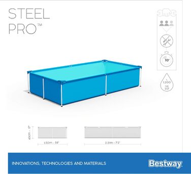 Каркасний басейн Bestway Steel Pro без насоса, квадратний, 221 x 150 x 43 см 221 x 150 x 43 см одномісний