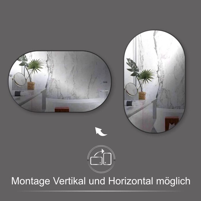 Дзеркало настінне овальне HOKO Design 45 x 75 см з металевим матовим каркасом. Можлива вертикальна та горизонтальна установка. Підходить для ванної кімнати, коридору, спальні, вітальні.