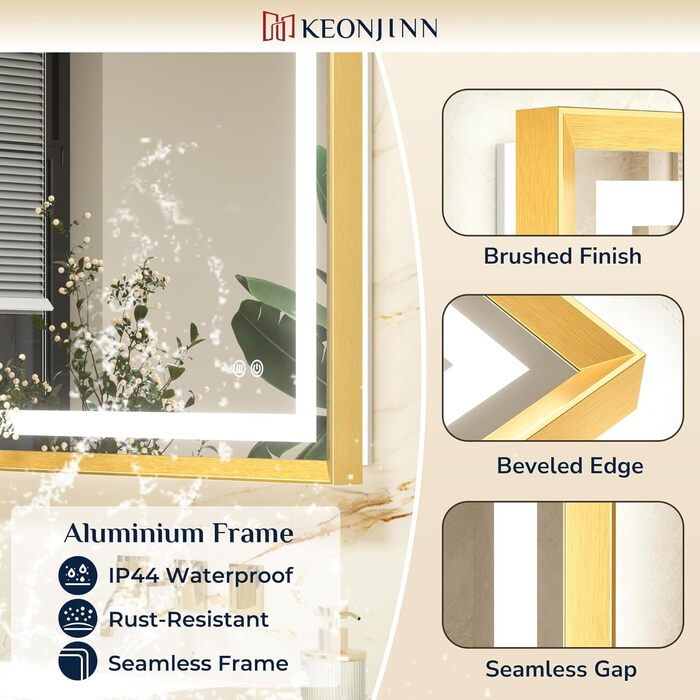 Дзеркало для ванної кімнати Keonjinn з підсвічуванням, 50x70 см, золотий металевий каркас, LED, сенсорне управління, 3 кольори світла, диммування, без запотівання, пам'ять налаштувань
