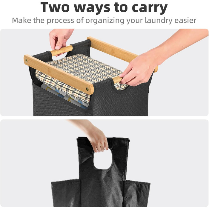 Кошики для білизни з сортуванням 3x40л, з висувними кишенями та роликами (Чорний/Білий)