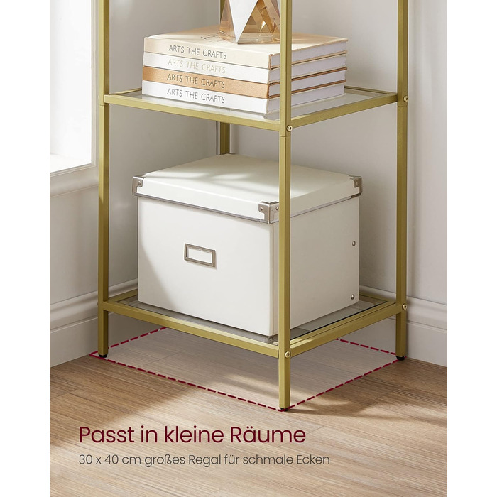 Регал VASAGLE з 5 полицями, скляна вітрина для ванної, вітальні, кухні, офісу, прозора + металік золото, легка збірка, LGT029A01