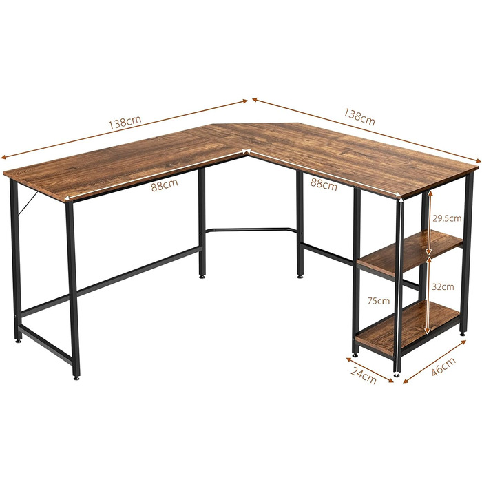 Подібний стіл COSTWAY, письмовий стіл для домашнього офісу з 2 полицями, комп'ютерний стіл з металевим каркасом і підставкою для ніг, кутовий стіл для кабінету в спальні (коричневий)