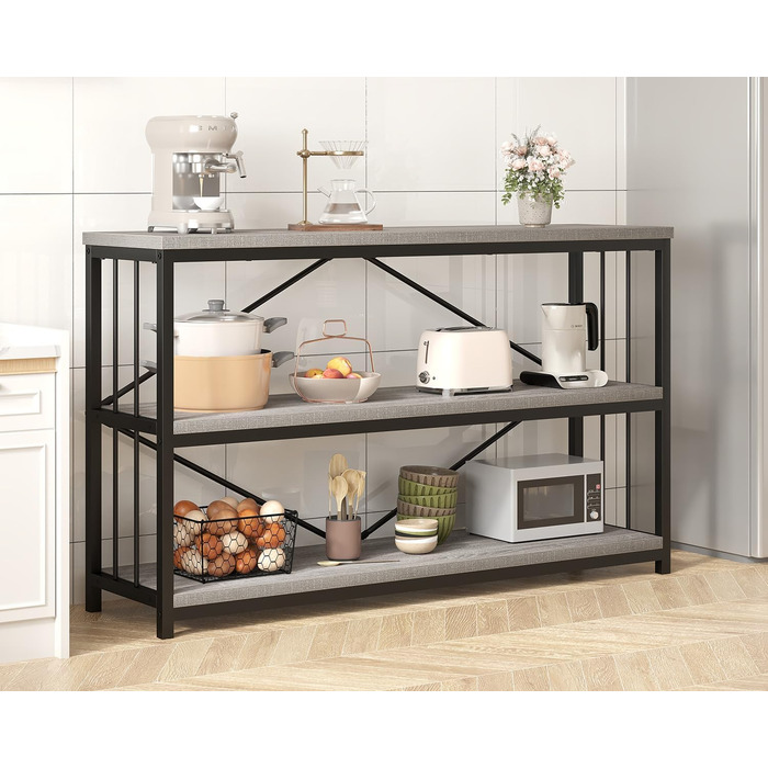 Металево-дерев'яна полиця IBF з 3 ярусами, індустріальний стиль, 120x34x74 см, сірий колір