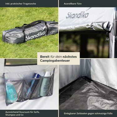Душовий та кемпінговий намет-роздягальня Skandika: висота 230 см, світловідбиваюче покриття, непрозорий, з підлогою та вікнами
