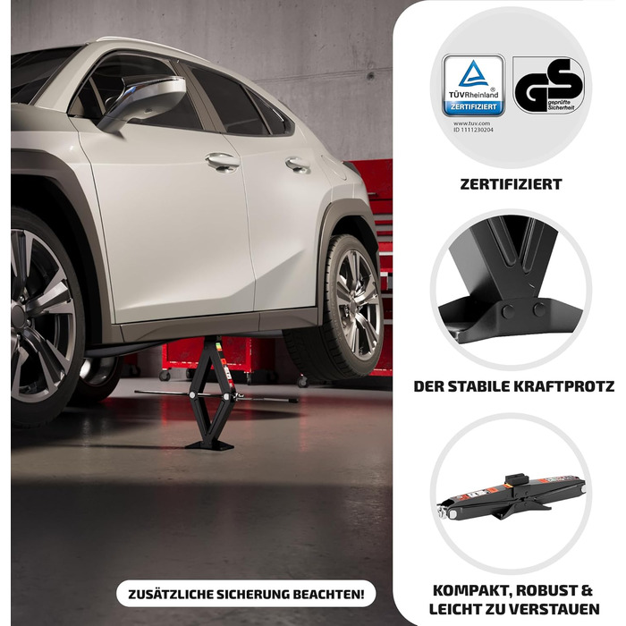 Підйомник гідравлічний ножичний HEYNER® 2т з кейсом, храповий механізм 17мм, гумові накладки, висота підйому 98-442мм. Автомобільний домкрат, сертифікат TÜV/GS