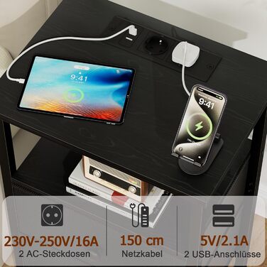 Нічний столик AMHANCIBLE з підзарядкою, приліжний столик з висувними ящиками з тканини, журнальний столик з відкритою полицею, з 2 USB-портами та 2 розетками, для спальні та вітальні, HETS020GY-1 (Чорний)