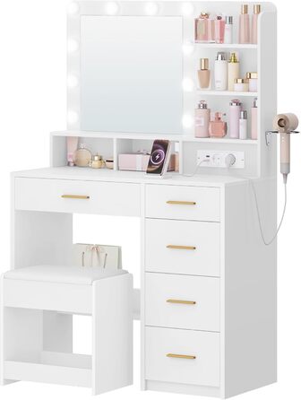 Дзеркальний туалетний столик Hzuaneri з LED-підсвіткою (10 LED), пуфом, великим дзеркалом, тримачем для фену та шухлядами, білий DT39003X