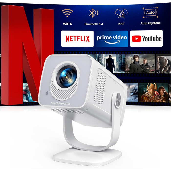 Портативний проєктор Mini Beamer 4K з підтримкою Android 13, WiFi 6, Bluetooth 5.4 та обертанням 270°. Підходить для домашнього кінотеатру, використання на вулиці та підключення до HDMI, Android, iOS, PC, USB. Автоматична корекція трапеції. Білий колір.