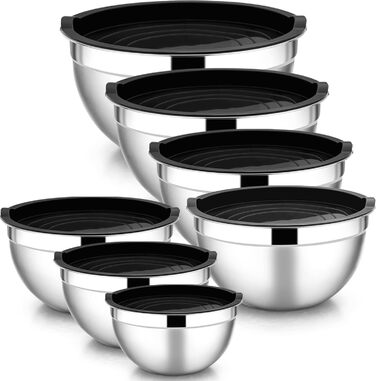 Набір місок HaWare 7 шт. з нержавіючої сталі з кришкою, 6.5-0.7L, чорний, для приготування їжі, миття в посудомийній машині