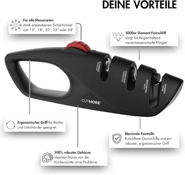 CUTMORE® Точилка для ножів Diamant - Оригінальна 5-в-1 для хлібних ножів, ножиць та ножів – Професійний прецизійний кут – Нековзна, проста, ефективна – Відома у спільноті Hobbykoch (ProSharp)