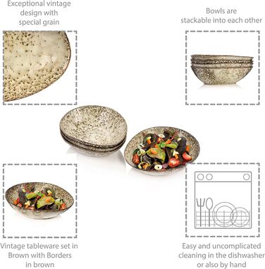 Обідній набір порцелянових керамічних тарілок Singer Pompei Набір посуду з 12 предметів для 4 осіб Набір вінтажних дизайнерських тарілок. (Салатники 4 шт.)