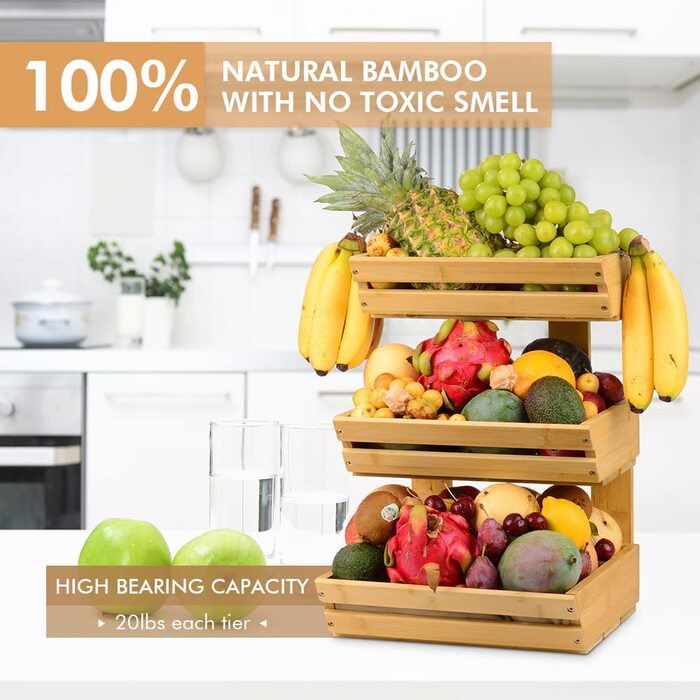 Бамбуковий кошик для фруктів ikkle 3-ступінчаста підставка для зберігання мисок для овочевого хліба з 2 банановими гачками для кухні, будинку, офісу