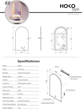 Дзеркало для ванної кімнати LED HOKO Design Turin, овальне, 45x75 см, матовий чорний каркас, сенсорне керування, світлодіодне підсвічування, зміна кольору світла (тепле/холодне/нейтральне), антизапарювання