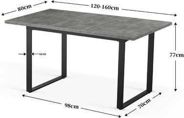 Розсувний обідній стіл B&D Home Anna | 120-160 x 80 см | на 4-6 осіб | з масиву дерева Texas-Eiche | чорне металеве підстав'я | для кухні та їдальні | стиль скандинавський, індустріальний
