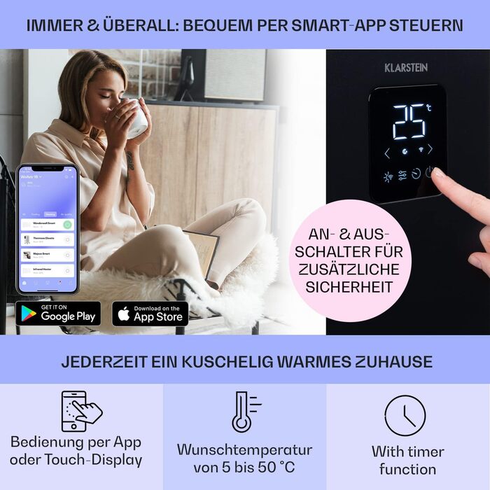 Електричний конвектор Klarstein: енергозбереження, керування через додаток, тиха робота, 1500 Вт, чорний