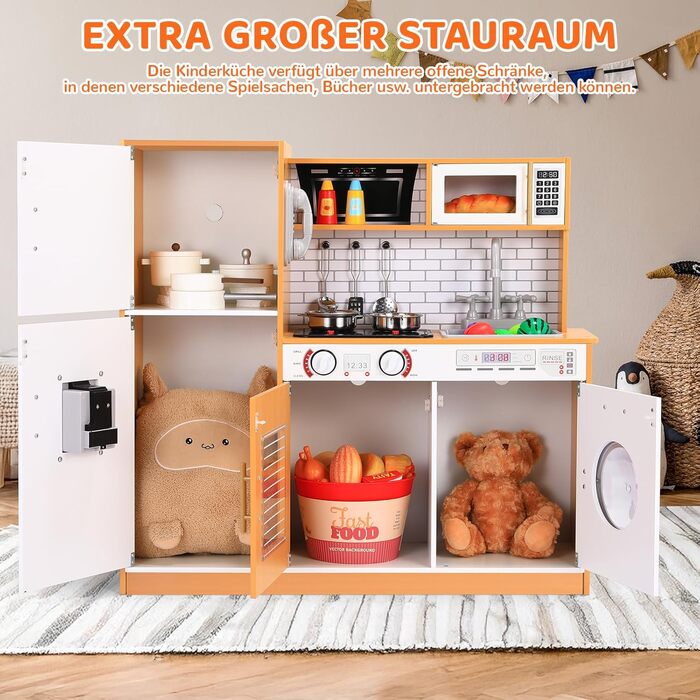 Дерев'яна дитяча кухня MAMIZO з підсвіткою та звуком, 82x80x25 см. Комплект аксесуарів, іграшка для дітей від 3 років, білий колір (біле дерево)