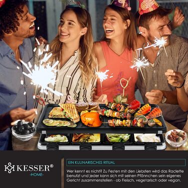 Електрогриль-ракулет KESSER® з натуральним каменем-грилем, для 8 осіб, з антипригарною поверхнею, 8 сковородочки та дерев'яні шпателі, 1200W, чорний