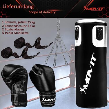 Набір боксерських груш MOVIT 25 кг, набитий, в т.ч. боксерська груша (висота 80 см x діаметр 30 см), боксерські рукавички 12 унцій, боксерські бинти, для дорослих, боксерські коробки, чорні або білі чорно-білі