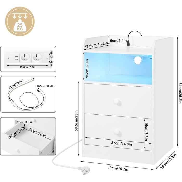 Набір приліжкових тумбочок WOLTU з функцією зарядки, світлодіодне підсвічування, розетки, USB, висувні ящики, відкрите відділення, білий