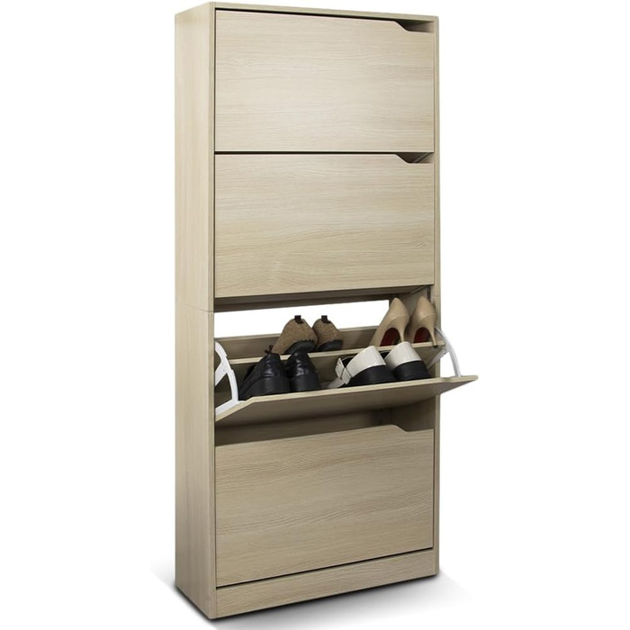 Стеллаж для взуття BAKAJI з МДФ, 4 дверцята, розкладний тримач, вбудовані ручки, подвійна глибина, компактний розмір, Slim 63 x 24 x 150 см, економія місця, для дому, зелений та дуб