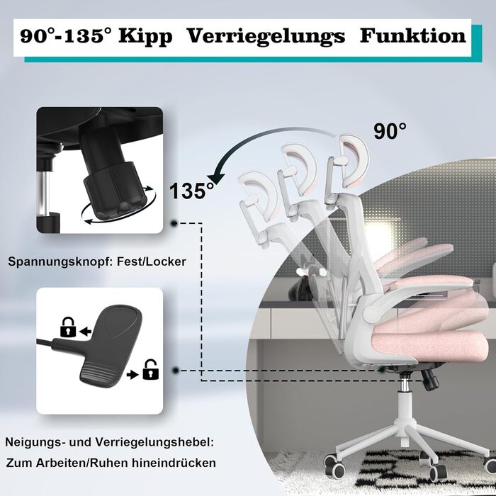 Ергономічне крісло для офісу з регульованою підголівником та поперековою підтримкою – високе офісне крісло з сітчатим спинком та м'яким сидінням, вішалка для одягу та функцією блокування (білий та рожевий)