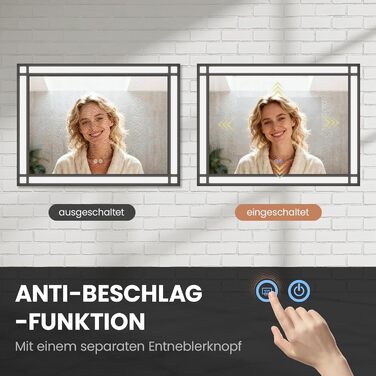 Дзеркало для ванної кімнати AQUABATOS LED з підсвічуванням 50x70 см, імітація вікна, сенсорне регулювання, антизапар, чорний алюмінієвий каркас, індустріальний стиль