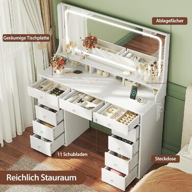 Діплекс туалетний столик з підсвіткою, 110 см, з 11 шухлядами та LED-дзеркалом, білий. Сучасний туалетний столик для спальні та гардеробної