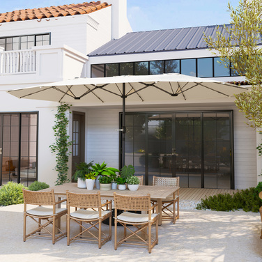 Outsunny Double Parasol 436 x 260 см, Сталева парасолька із захистом від ультрафіолету з ручною рукояткою, Овальна балконна парасолька Пляжна парасолька Вітрозахисна стабільна ринкова парасолька Колінчастий парасольку для пляжного балконного саду, бежева