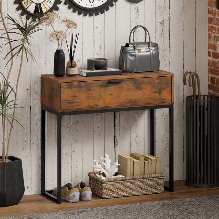 Консольний столик-тумба з ящиком, в індустріальному стилі, для передпокою або вітальні, 80x30x76 см, чорний