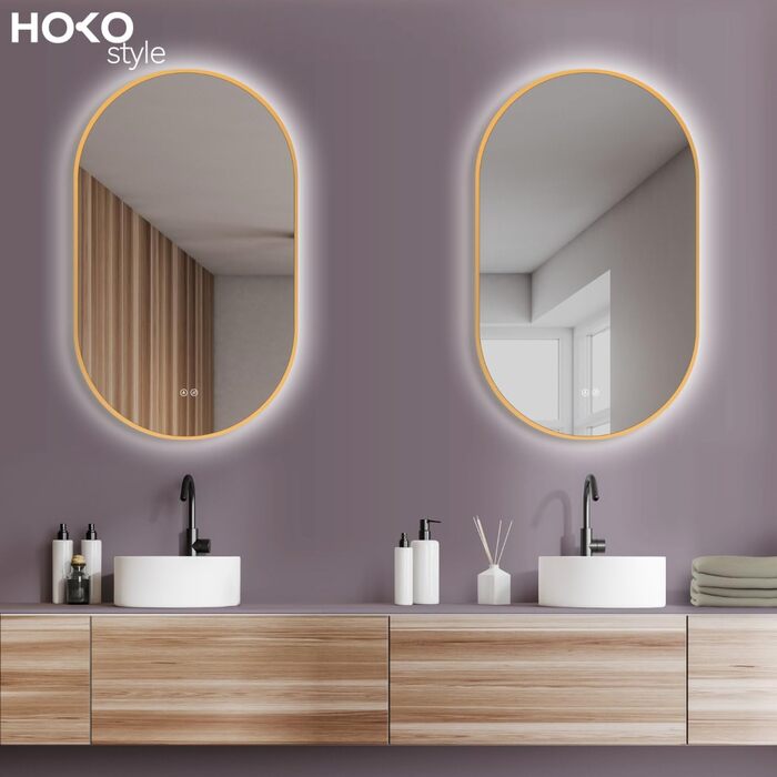 Дзеркало для ванної кімнати HOKO Design LED Turin овальне 45x75 см, рамка матовий чорний, LED підсвітка, сенсорне управління, зміна кольору світла (тепле/холодне/нейтральне), монтаж HOCH+QUER, антизапарник