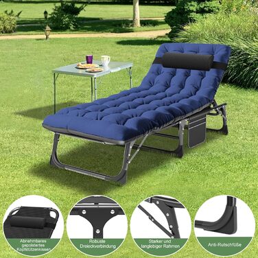 Складне ліжко-шезлонг – 200 кг, з матрацом, кишенями, регульованою спинкою та підголівником – для офісу, тераси, саду, кемпінгу та відпочинку на сонці (Блакитний Літтер)
