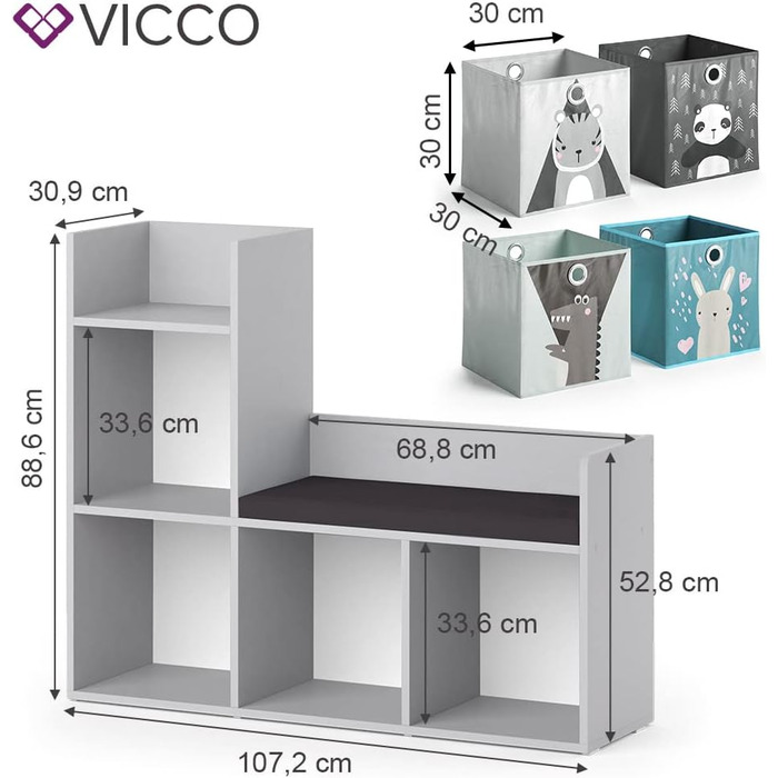 Полиця дитяча Vicco Luigi, 107,2 х 88,6 см з 2 відкидними коробками (сіра) (сіра, 107х114 см з 6 відкидними коробками опт.2)