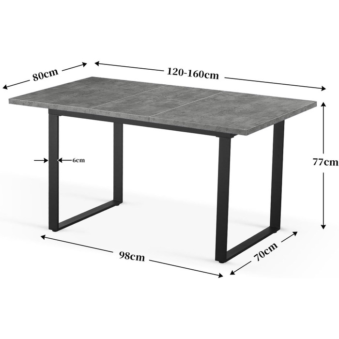 Розсувний обідній стіл B&D Home Anna | 120-160 x 80 см | на 4-6 осіб | з масиву дерева Texas-Eiche | чорне металеве підстав'я | для кухні та їдальні | стиль скандинавський, індустріальний