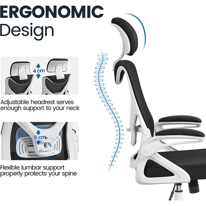 Ергономічне офісне крісло Yaheetech зі складними підлокітниками, регульованим підголівником, до 136 кг (Білий/Чорний)