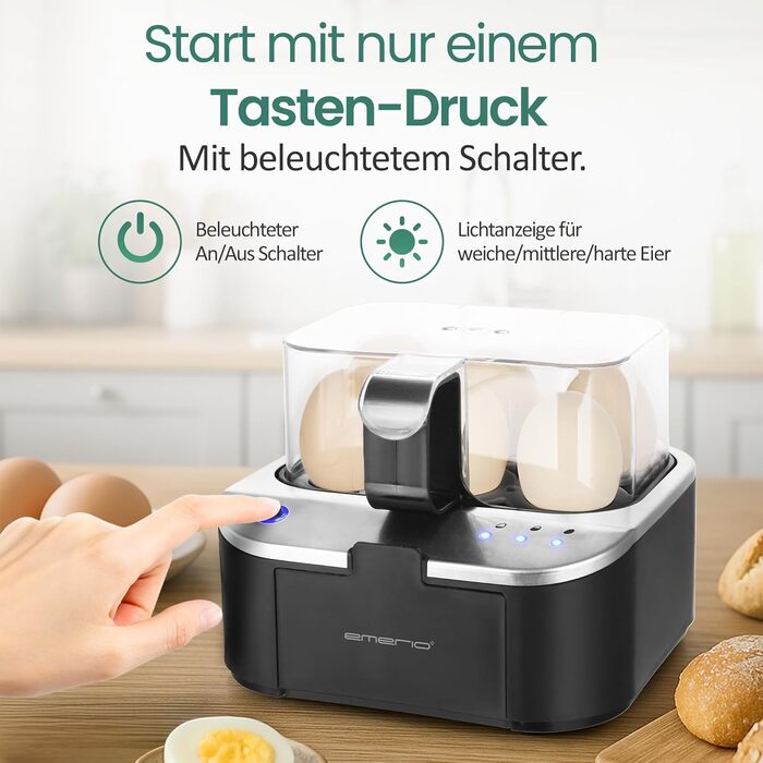 Електричний яйцеварка Emerio SIEGER: 3 ступені нагріву, голосове сповіщення, BPA Free, EB-123177.1, чорний/сріблястий
