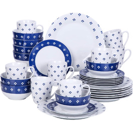 Порцеляновий посуд сервірувальний раунд, серія 'Edwin', комбінований сервіз із 32 предметів на 8 персон, білий синій