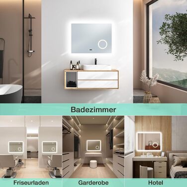 Дзеркало для ванної кімнати з LED-підсвічуванням GIMBELEN 80x60 см, прямокутне, сенсорне управління, регульована яскравість, 3 кольори світла, антизапарник, для вертикального/горизонтального монтажу