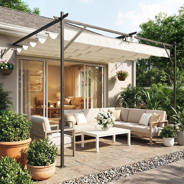 Тerasna Dachka Pergola приблизно 4x3м - Накриття для тераси з регульованим дахом, кріплення до стіни, захист від УФ-випромінювання 30+, кремовий білий