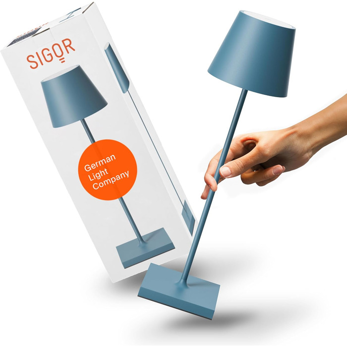 SIGOR Nuindie 2.0 - LED-лампа на акумуляторі, диммування, для дому та вулиці, IP54, 38 см, USB-C, 12 годин роботи, блакитний колір