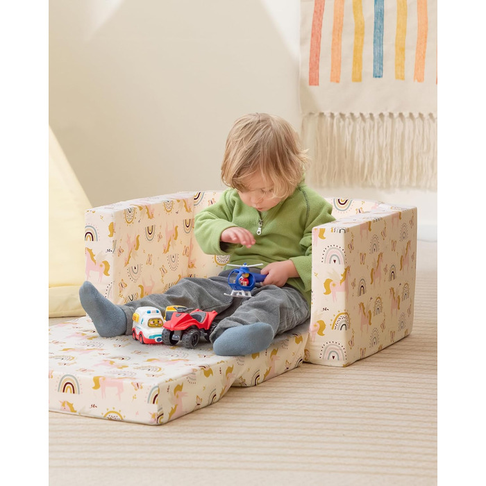 Дитяче розкладне диван-крісло BEJOY 2 в 1, Sherpa, з єдинорогом, бежевий, для дитячої кімнати, подарунок на день народження