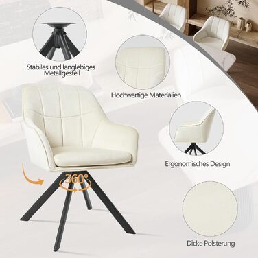 Крісла для їдальні з підлокітниками, набір обертових крісел, кухонні стільці, м'які крісла з поліестеру та металевими ніжками (2 шт., кремовий)