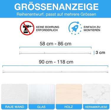 Штанга для карниза без свердління 76-165 см. Телескопічна штанга для душу, штанга для штор, вішалка для одягу, натяжна штанга, регульована для ванної кімнати, вікна, кухні, шафи (59-118 см, білий)