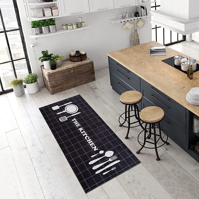 Домашній кухонний килим Pasha cm Kitchen black / кухонний килимок можна прати при температурі 30 C / кухонний килимок не ковзає і простий у догляді / Килимок для кухні, передпокою, спальні або вітальні (80x300, Кухня)