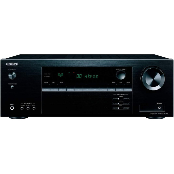 Канальний AV-ресивер Onkyo TX-SR393DAB, Bluetooth, DTSX, Hi-Res, Dolby Atmos, DAB, Чорний, 5.2-