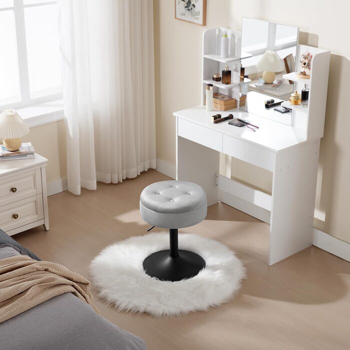 Крісло для туалетного столика WOLTU BH329sz-1, сіре, з оббивкою з велюру, з місцем для зберігання, регульоване по висоті, 360° обертання