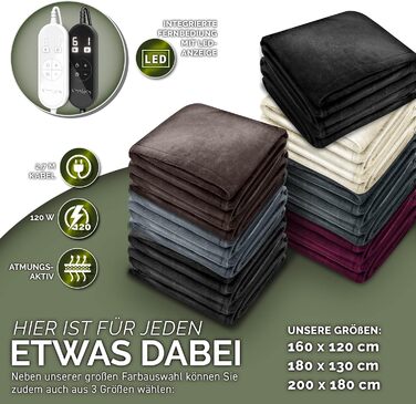 Електрична гріюча ковдра з плюшем | Автоматичне вимкнення | Тепла ковдра з таймером | 9 температурних режимів | Можна прати до 40°C | Цифровий дисплей (200 x 180 см, Чорний)