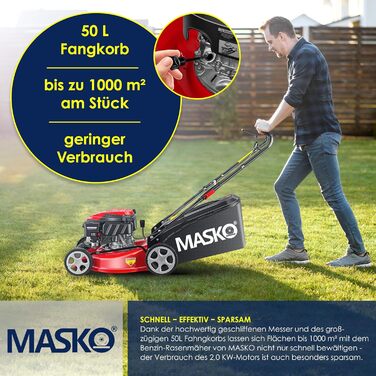 Бензиновий газонокосарка MASKO® 5in1 | Ширина косіння 51 см | 8 положень висоти стрижки | 4-тактний OHV двигун 6.0 PS | Об'єм кошика 65 л | В комплекті: комплект для мульчування, боковий викид (ширина 42 см)
