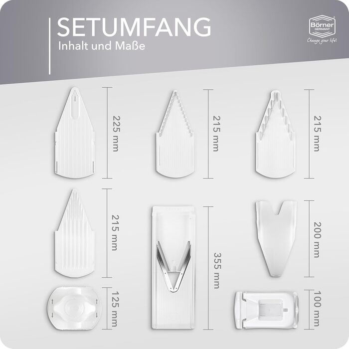 Набір Börner Gemüsehobel V3: овочевий слайсер з V-подібною лезою, 5 видів нарізки, регульований, для овочів та фруктів, з тримачем для фруктів, нержавіюча сталь, оранжево-білий (Profi Set)