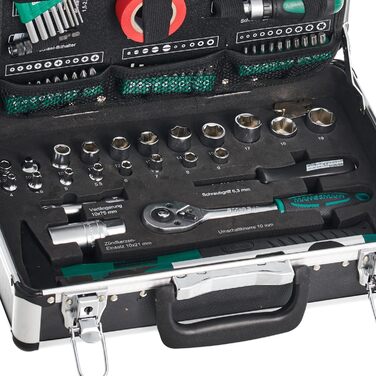 Набір інструментів Brüder Mannesmann 90 предметів в алюмінієвому кейсі M29067: плоскогубці, викрутки, тріскачка, тестер напруги